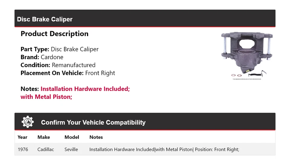 For 1976 Cadillac Seville Disc Brake Caliper Front Right Cardone - Image 2 of 4