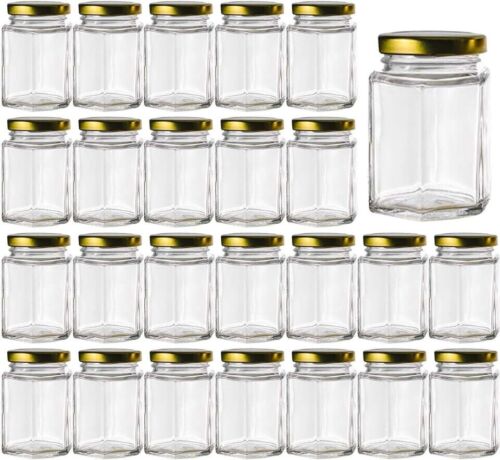 24 Pack 4 Oz Small Hexagon Glass Jars With Gold Lids for Jam Spice Honey Jelly