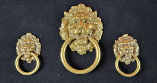  Vintage 3 Solid Brass Lions Head Drawer Pulls • 1 Large 2 Small  - Picture 1 of 7