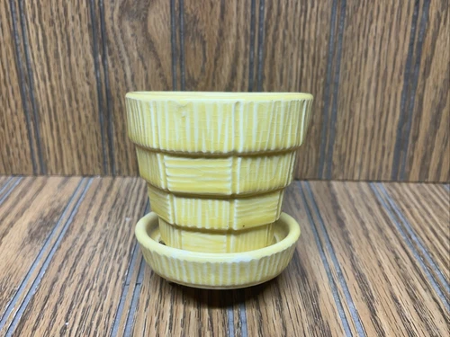 Vintage McCoy Pottery Yellow Basketweave 3" Flower Pot w/ Attached Saucer