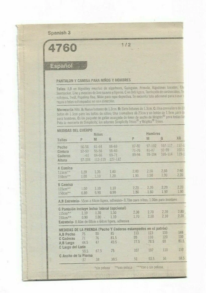 SIMPLICITY #4760 MEN'S CHEST SIZE 34-48 BOYS S-M-L SHIRT & PANTS PATTERN UNCUT - Image 4 of 4