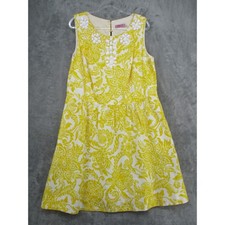 Eliza J Dress Womens 16 W Linen Blend Floral Beaded Neckline Pleated Party Zip