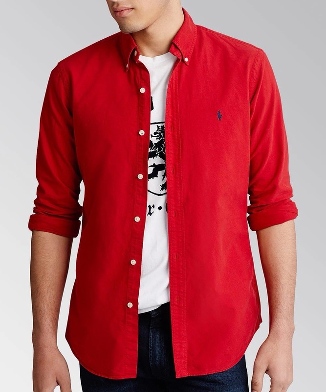 NWT, Red Polo Ralph Lauren Long Sleeve Garment Dyed Oxford Slim Fit Shirt, XL