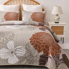 Queen Quilt Sets Brown Floral Pattern Quilt Bedding Set, 3 Pieces Botanical Quil