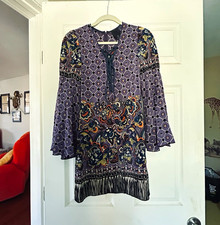 Anna Sui 0 Silk Floral Purple Multicolor V-Neck 3/4 Bell Sleeve Shift Dress