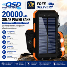 Solar Panel Power Bank Pack  20000mAh 2 USB &C LED Battery Fast Charger Phone UK