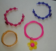 Vintage Toy Plastice Blue Pink Yellow Cuff Bracelet Jewerly w Heart Flower Lot
