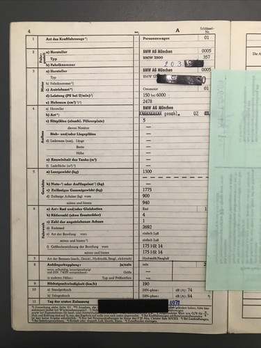 BMW 2500 1971 Motor 2478 ccm 150 PS TSN 357 Dokumente Abmeldung 10/79 Papiere