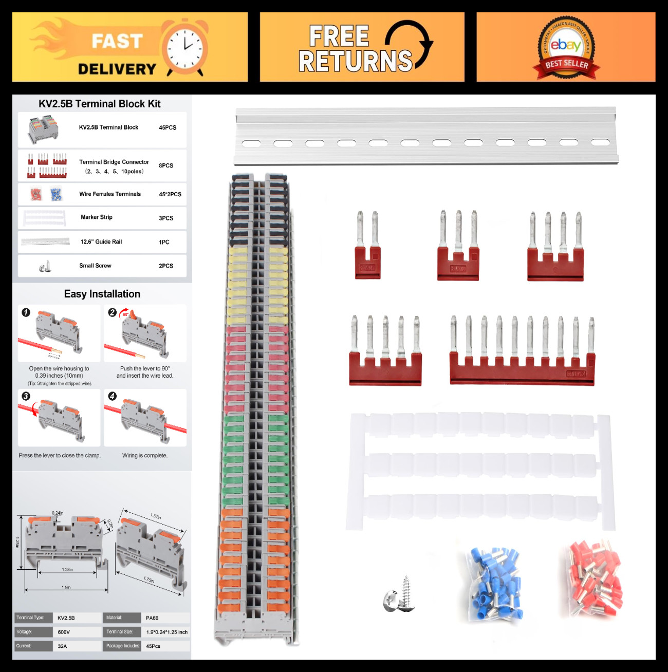 Compact DIN Rail Terminal Block Kit - 600V 32A, 28-12 AWG, Quick Connectors