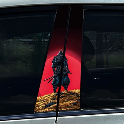 2pcs Anime Samurai Sun Set Red Sun Car Center Pillar Doors Pillar Decal