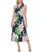Tommy Hilfiger Isla Floral Midi Dress with Ruffled Collar Detail Size 10