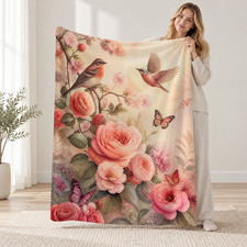 Romantic Birds Roses Butterflies Coral Fleece Blanket Garden Decor