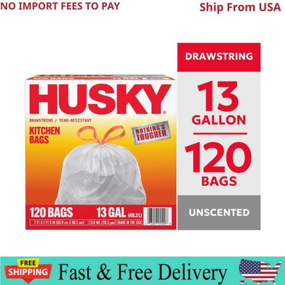 #ad Husky 13 Gallon Tall Kitchen Drawstring Bags 120 Bags New $12.58