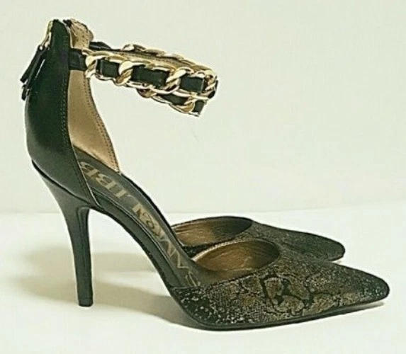 Zapatos de salón Sam & Libby negros/dorados con estampado de serpiente cadena al tobillo tacón de aguja para mujer talla 8 Foto 2 de 4