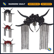 Halloween Devil Horns Headband with Tassel Flowers - Sheep Antelope Hair Accesso