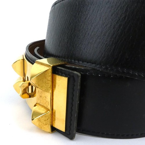 Auth HERMES Collier De Chien Belt Black/Gold Box calf leather/Metal - h30516a - Picture 4 of 10