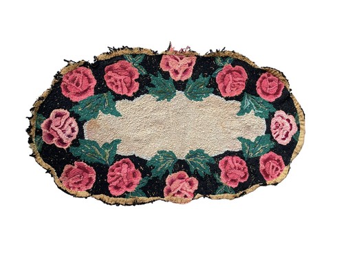 Antico tappeto americano fatto a mano ovale con gancio rose rosse rosa 41,5”x 22,5” - Foto 12 di 15