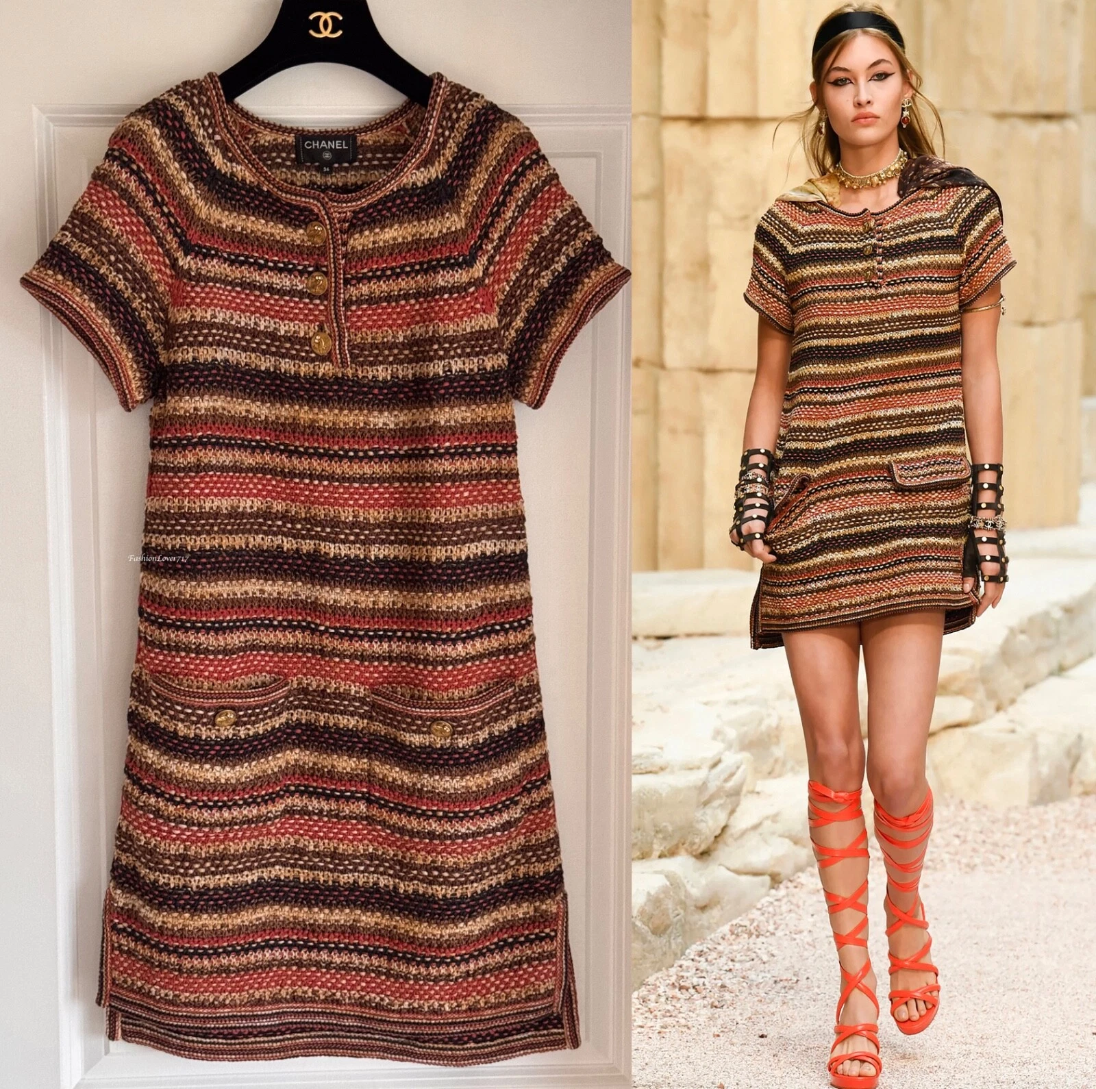 ABITO CHANEL 18C PARIS GRECIA ARANCIONE BRUCIATO NERO MAGLIA MULTICOLORE MANICA CORTA 34