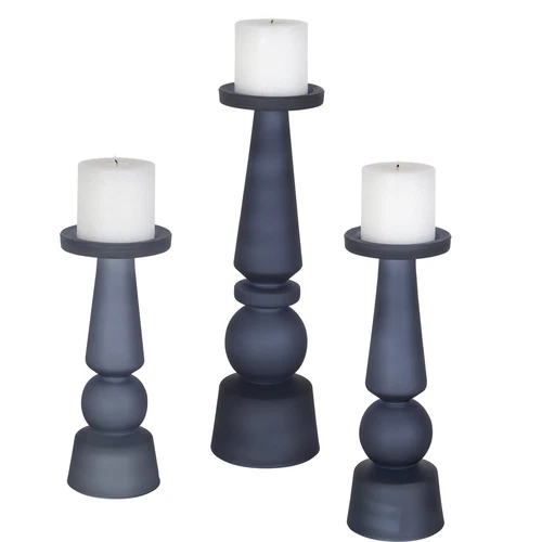 Deep Blue Stacked Shapes Candle Holder Set 3 Pillar Art Glass Midnight Spheres - Picture 1 of 2
