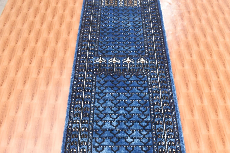 Sky Blue Color Carpet 2x6 Oriental Corridor Traditional Hand made Striped Rug - Image 3 of 4
