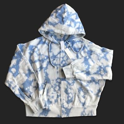 New Z LOUNGE Zip Front Loose Fitted Hoodie Blue White Tie