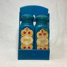 Blue Wall Hanging Plastic Salt and Pepper Shakers with Holder Revco