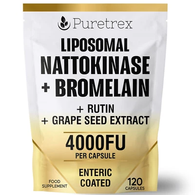 PURETREX Liposomal Nattokinase 4000FU Bromelain Rutin Blood Flow Heart Health 120 Caps