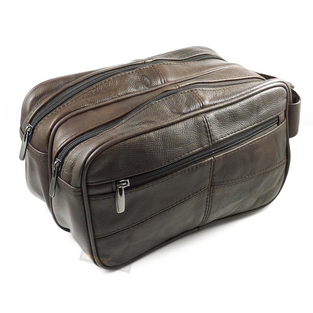 Large Leather Wash Bag ZIPPED Sections Cowhide Toiletries Toiletry