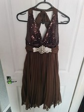 Parisian Brown Sequin Formal Halter Neck Dress with encrusted waist pleated gown