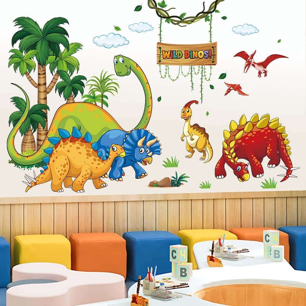 Grote Dinosaurus Muurstickers Aquarel Dino muursticker kinderkamer zelfklevende muursticker, dinosaurus, muurtattoos, schattige dino, foto's, kinderkamer voor babykamer jongens slaapkamer woonkamer