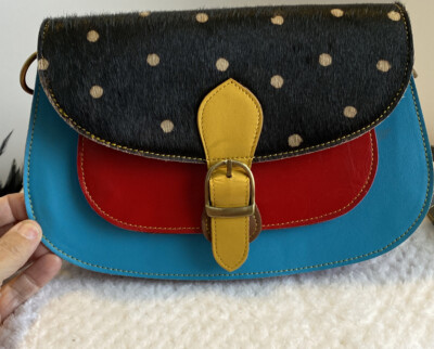 Darbi Crossbody Cow Hide Red Teal  Bag 7 By 10 Inches. Recycled Leather Unique