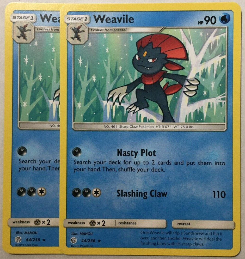 POKEMON 2X WEAVILE 44/236 COSMIC ECLIPSE RARE NEAR MINT