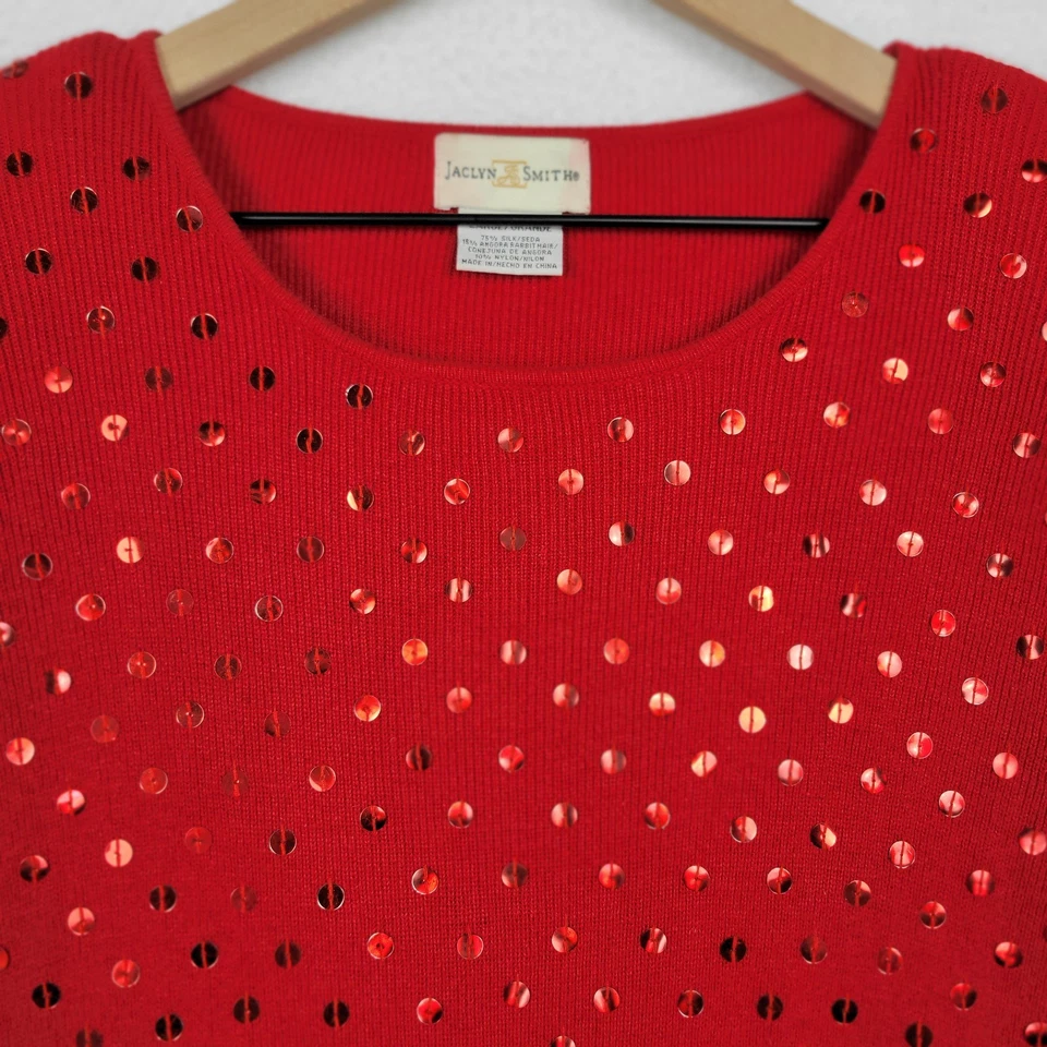Suéter Tejido Lentejuelas Mezcla Seda Angora Rojo Jaclyn Smith Años 90 De Colección L Vacaciones Elegante Foto 2 de 4