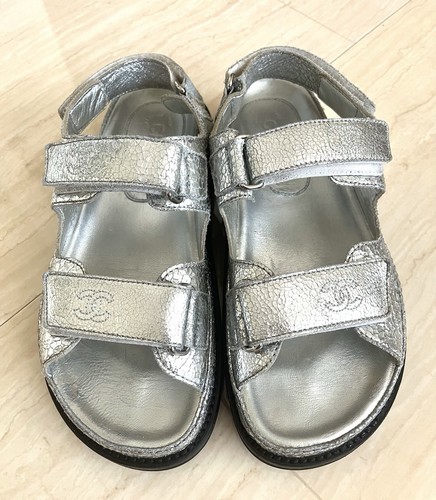 Chanel Metallic Silver Dad Flat Sandal 37 Authentic