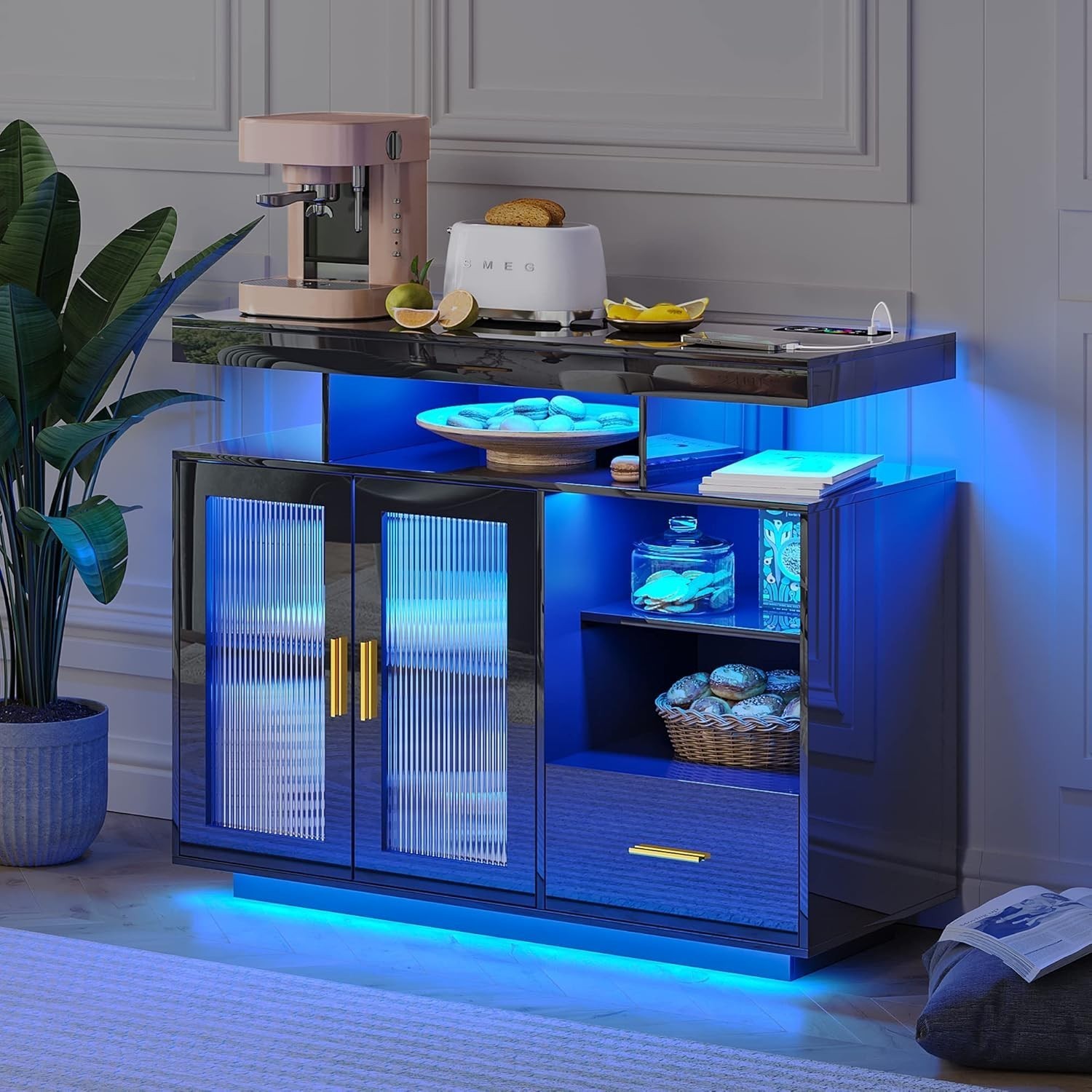 Modern LED Sideboard Buffet Cabinet with Storage and Coffee Bar Charging Station