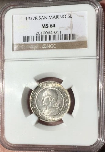 NGC MS64 San Marino 1937 5 Lire
