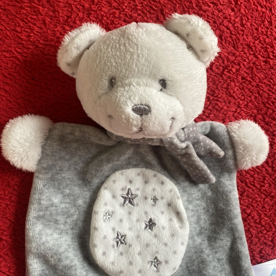 🇫🇷 doudou ours Blanc Écharpe Mouchoir Gris Étoiles Argentées NEUF jamais Servi - Photo 2/4