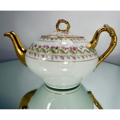 Antique Jean Pouyat Limoges Floral Teapot Gold Gilt Porcelain France 1891-1902