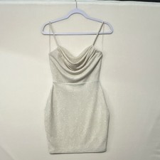 Windsor White Glitter Cowl Neck Bodycon Mini Dress Spaghetti Straps Size S