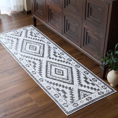 Moroccan Washable Runner Rug 2x6, Geometric Woven Area Rug, Farmhouse Boho Ac...