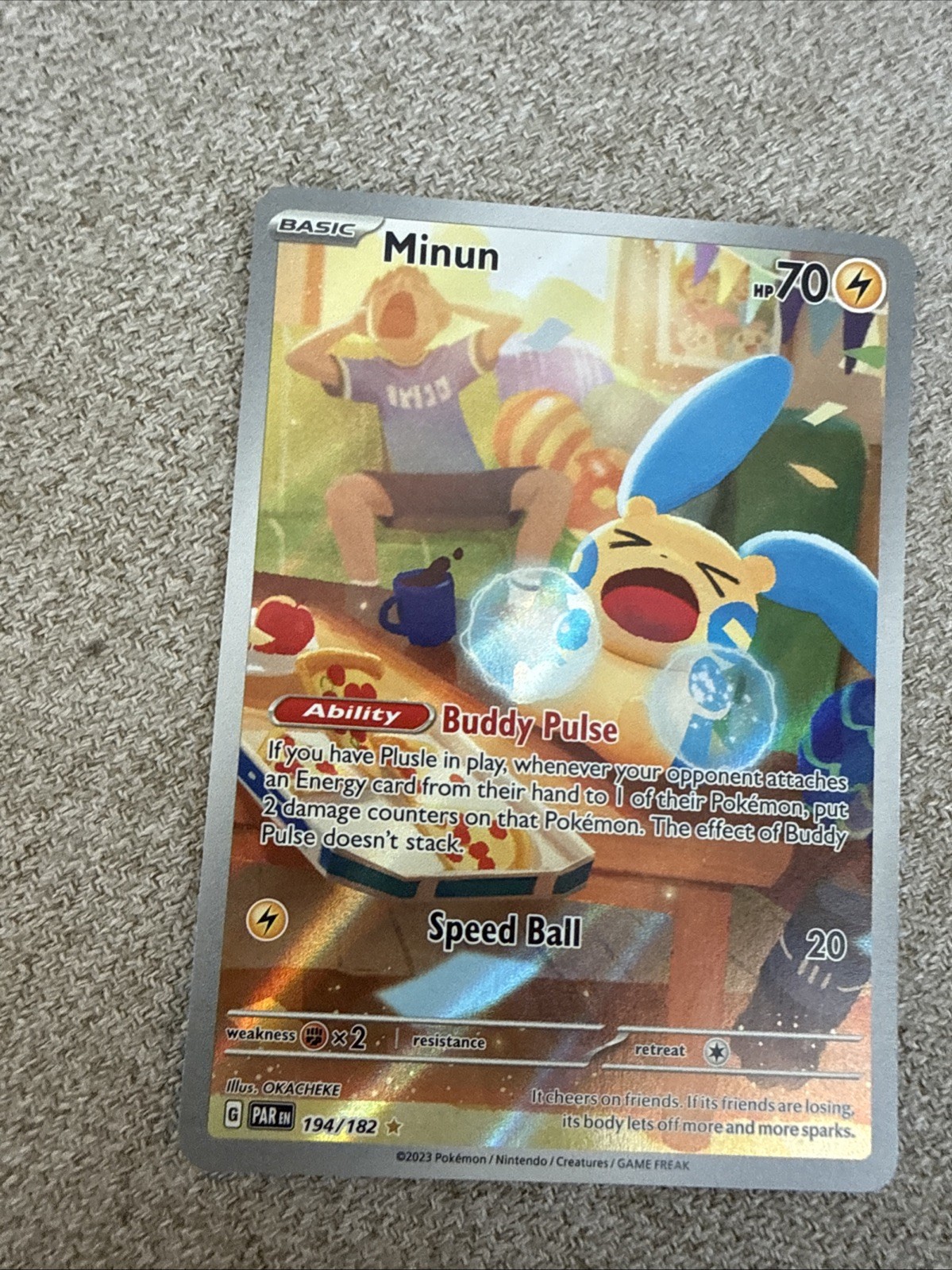 Pokémon Minun Illustration Rare Holo 194/182 SV04 Paradox Rift Buddy Pulse 70 HP