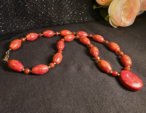 Vintage 14K GF Dyed Sponge Coral Carnelian Bead Statement Necklace Artisan