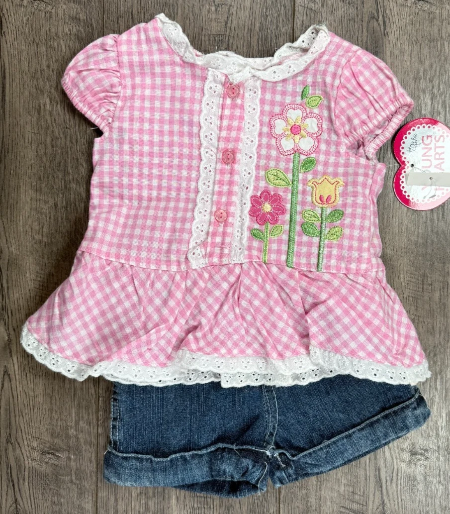 Baby Girl Clothes New Young Hearts 3-6 Month 2pc Jean Short Outfit