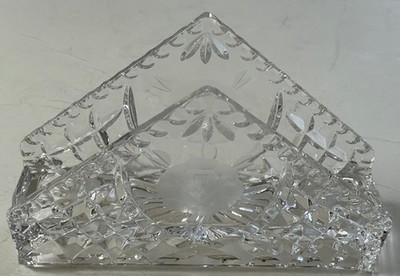 Cut crystal napkin holder, vintage, triangle shape, etched rose on each side