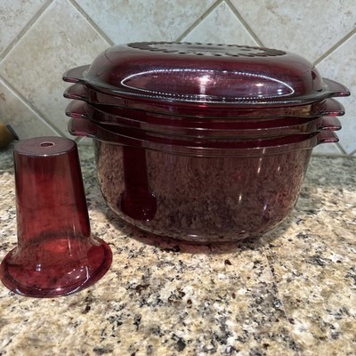 Tupperware 3 Qt Stack Cooker Microwave Steamer Burgundy Red 5 Piece Set