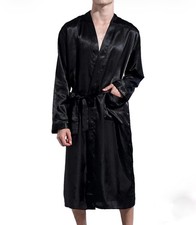 MEN  S BLACK SATIN KIMONO ROBE LIGHTWEIGHT LONG BATHROBE LOUNGEWEAR S/M