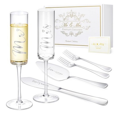 Wedding Cake Knife and Server Set, Bride and Groom Mr and Mrs Champagne Flute...