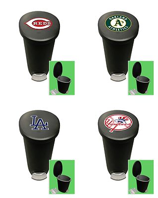MLB Trash Can Wastebasket Step On Black/Gray Plastic 2.6 Gal Baseball Team Logo
