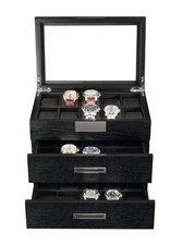 30 Watch Black Wood Display Case Extra Height Drawer Storage Box Stainless Steel