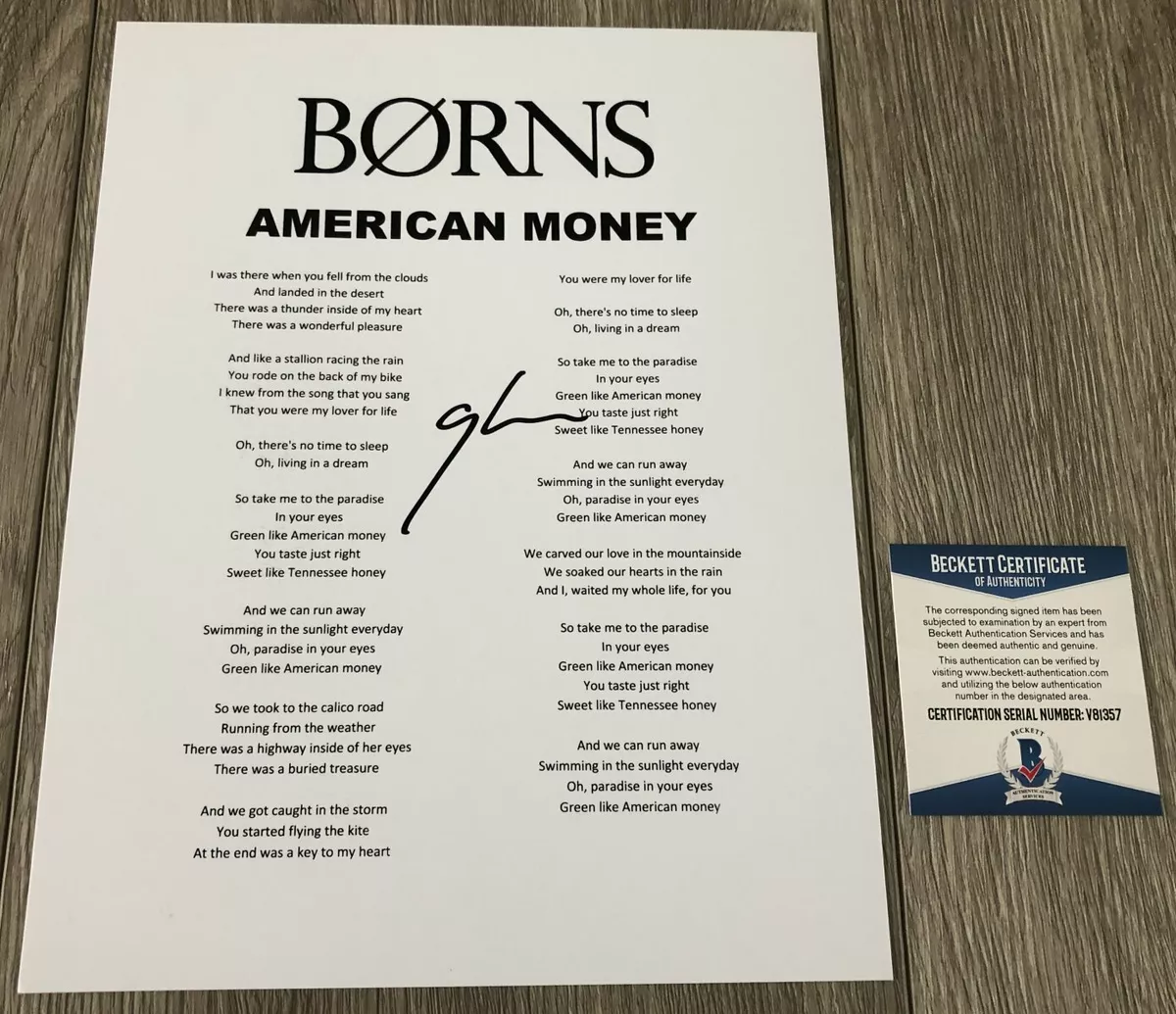 GARRETT BORNS SIGNED AMERICAN MONEY LYRICS SHEET w/PROOF & BECKETT BAS COA